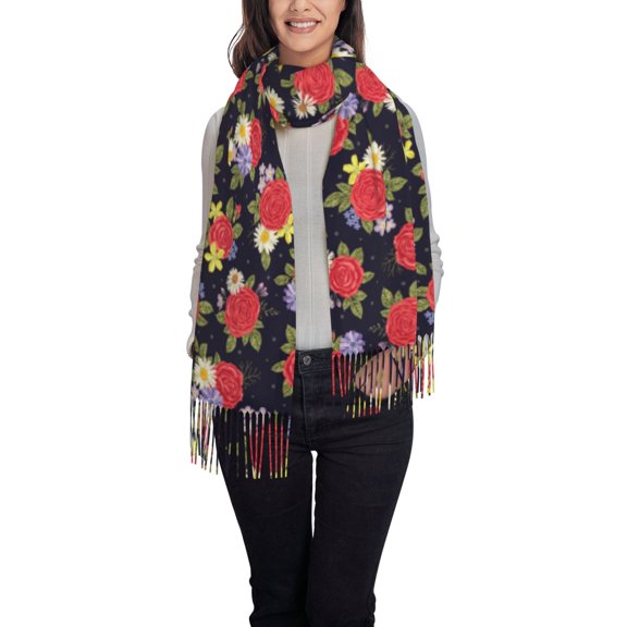 Haiem Red Rose Flower Pattern Women's Long Blanket Scarf Chunky Oversized Winter Fall Warm Scarf Big Tartan Scarves Wrap Shawl Ladies Gifts