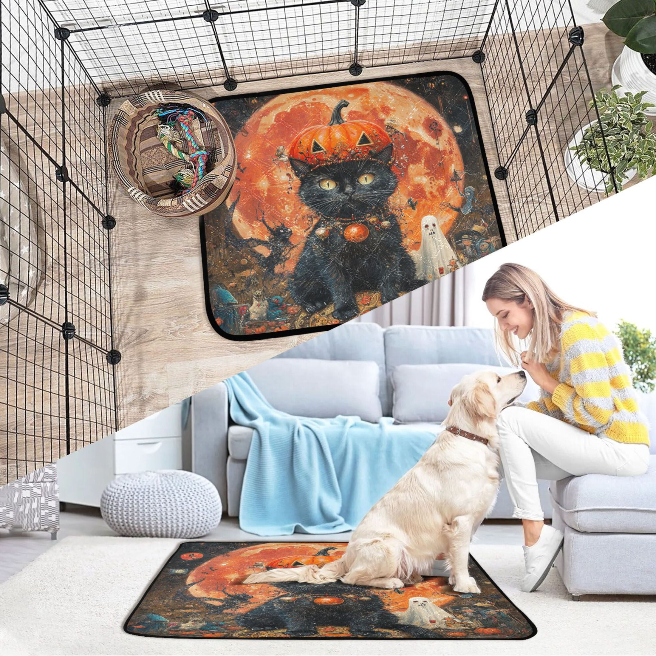 Qxltty Pumpkin Element Black Cat Cat litter Pads Pet Set of 2 Diaper Mats Center Anti-leakage Layer Absorbent Soft and Comfortable