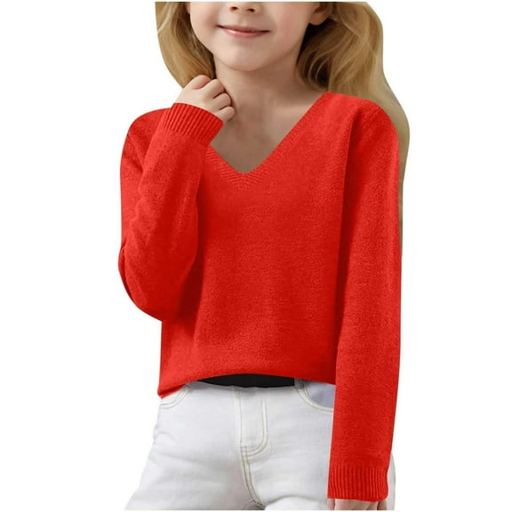 uvwlwu Sweaters for Girls For Autumn And Winter Long Sleeve V Neck Knit Pullover Sweaters For Children Kids Girls(Size:6-7 Years)