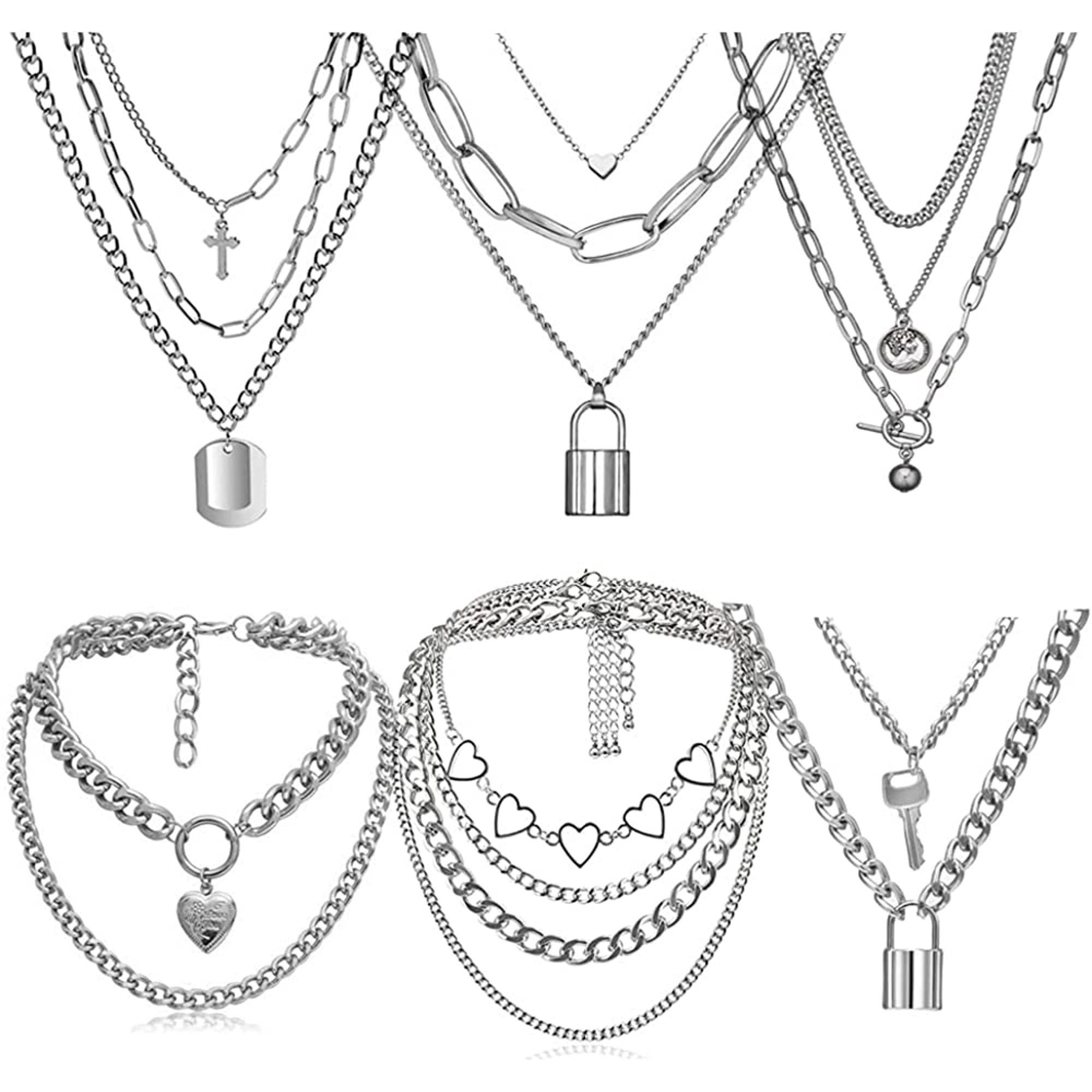 6-9 PCS Chain Necklace Egirl Men Male Emo Goth Chains Statement Lock Key  1-4 Layered Pendants Necklace for Women Teen Girls Boys Eboy Long  Multilayer Chains Punk Choker Silver and Gold Set -