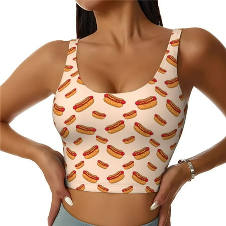 Adobk Hot Dog 2 Print Sports Bras for Women Longline Workout Crop Tank Tops Padded with Built in Shelf Padded Sports Bra-XX-Large