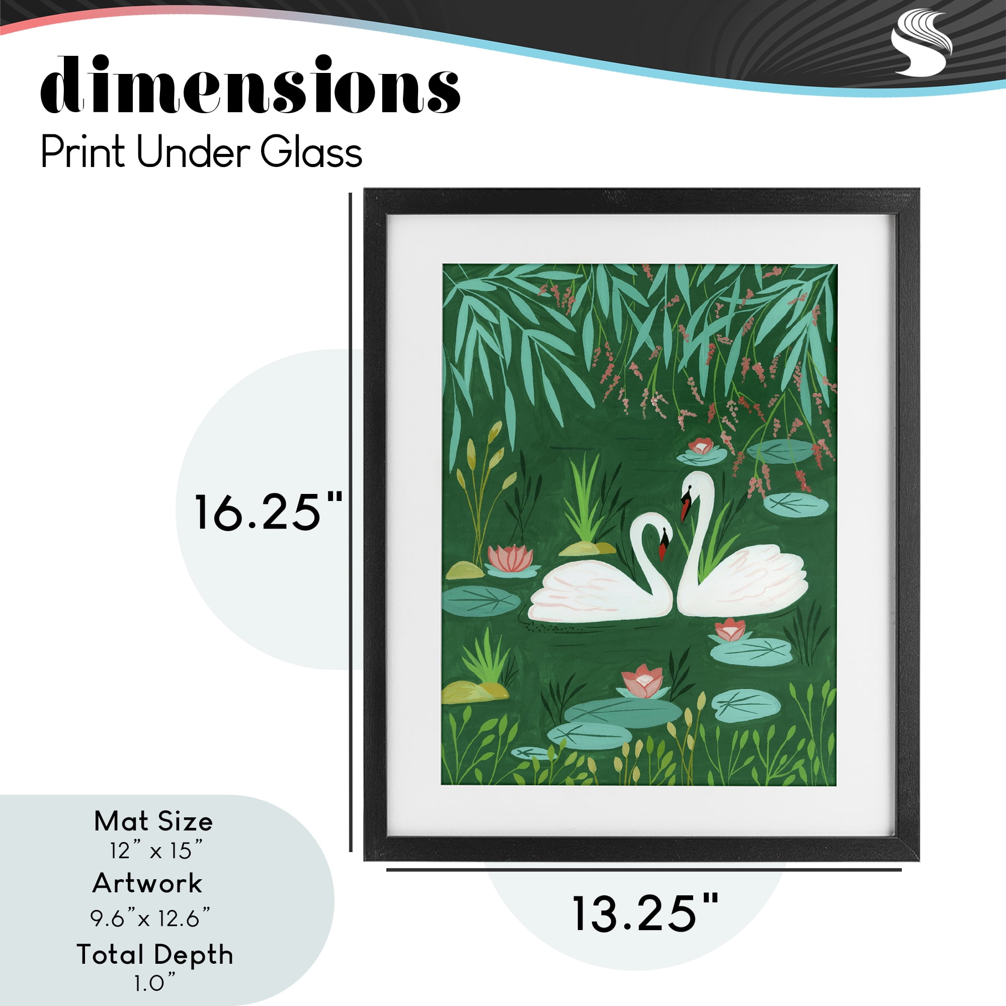 Swan Pair on Green Pond Black Framed Print Under Glass, design by Nabeela Rumi
