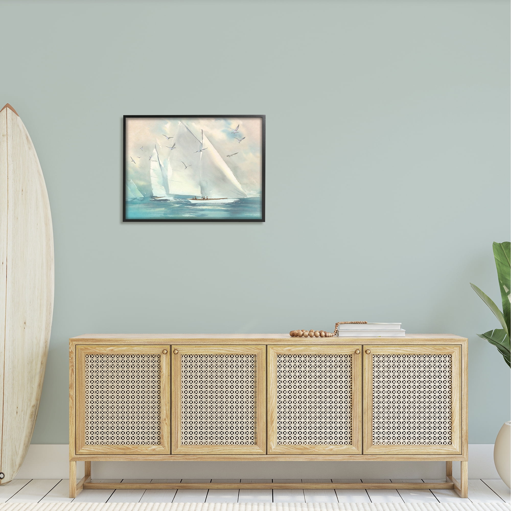 Stupell Sailboats Ocean Water Waves Landscape Painting Black Framed Art Print Wall Art