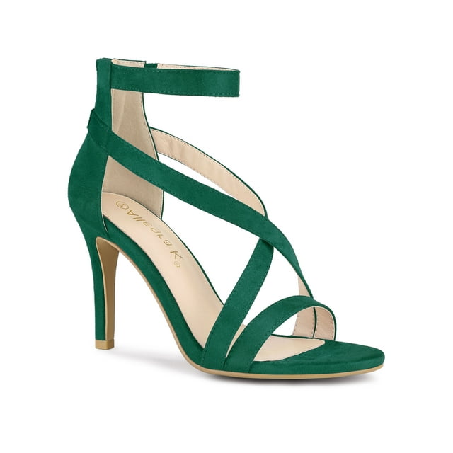 BLISSFUL STEP Women Zipper Ankle Strap Stiletto Heel Sandals Emerald Green 6