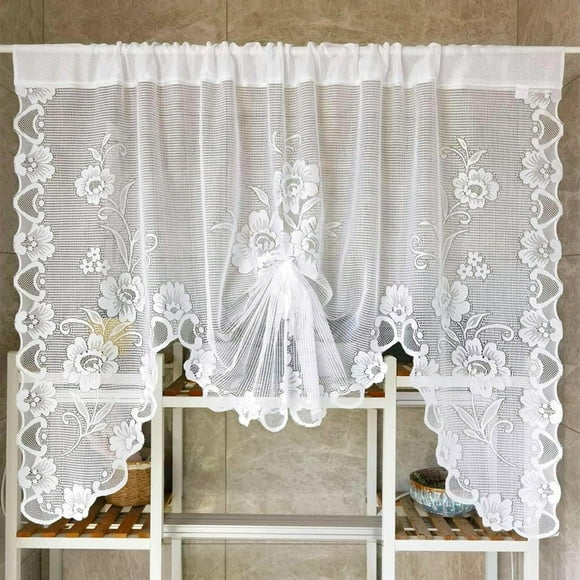 1pc Butterfly Drawer Curtain Short Kitchen Valances and Curtain Set, Privacy White Linen Swag Curtains, Semi Sheer Bathroom Tiers for Small Windows (70inch)