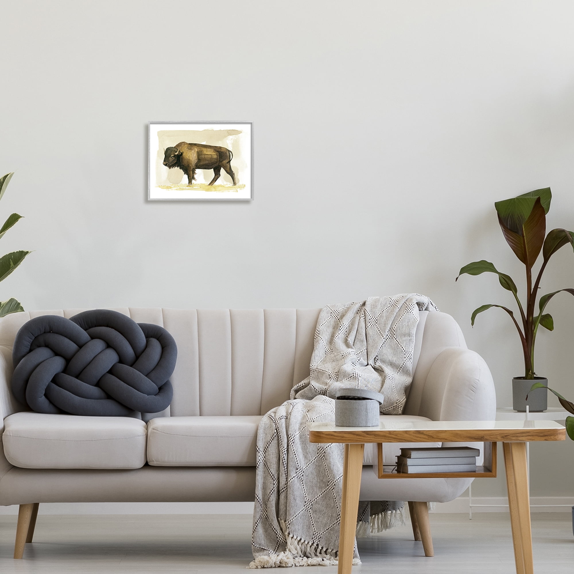 Stupell Bison Rural Animal Watercolor Animals & Insects Painting Gray Framed Art Print Wall Art