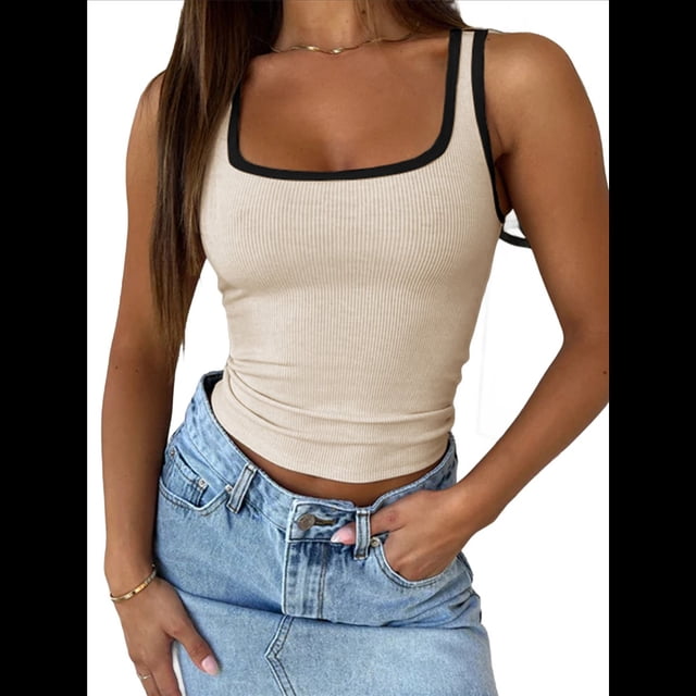 Camiseta de Tirantes Finos Ajustada con Cuello Cuadrado Acanalado de Verano para Mujer, Color Albaricoque L