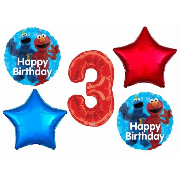 Elmo and Cookie Monster 3rd #3 Birthday Party Sesame Street 5 Piece Mylar Balloon Set