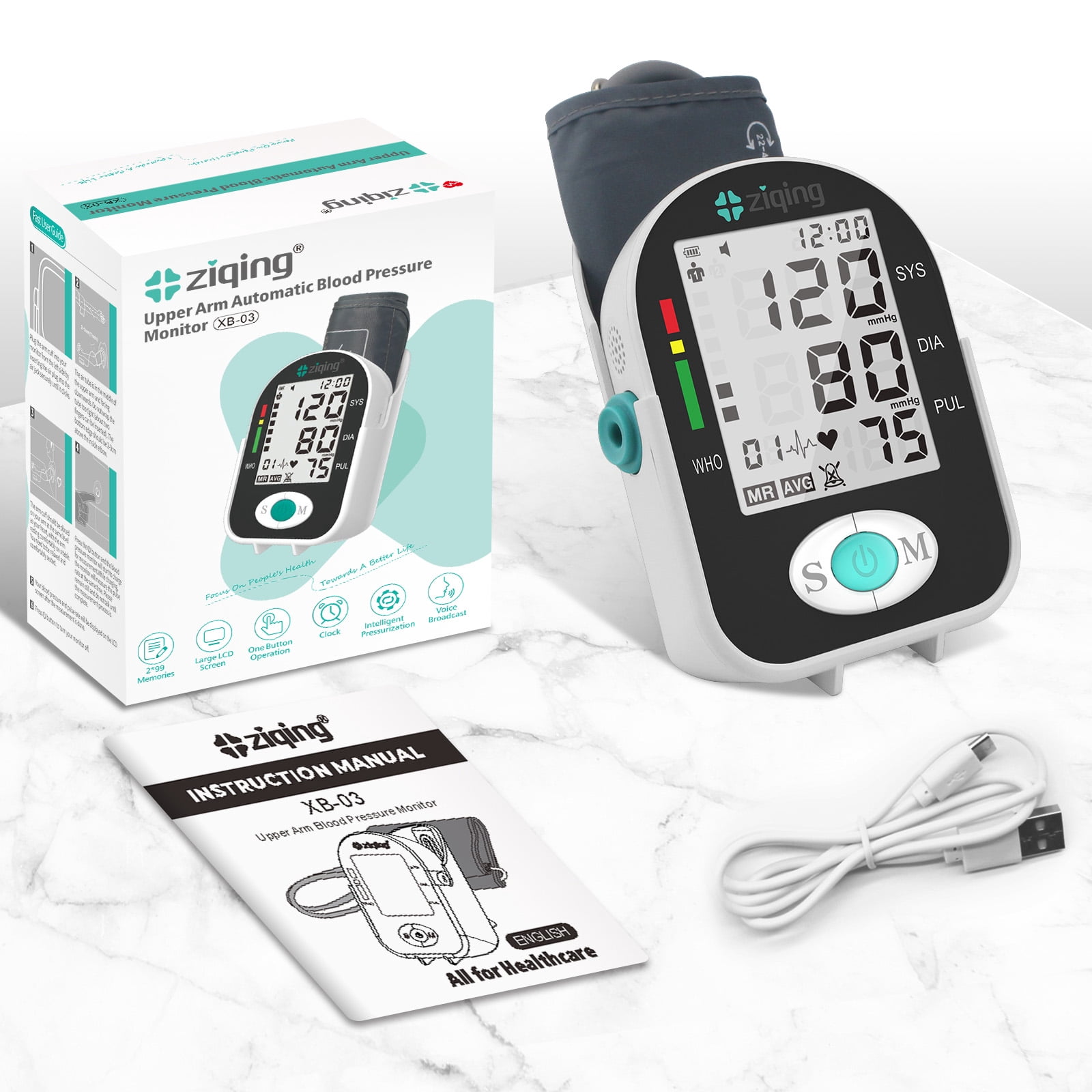 Ziqing Upper Arm Blood Pressure Monitor for Home Use – Large LCD Display, 2 User Memory (2 x 99 Readings), Adjustable Wrist Cuff