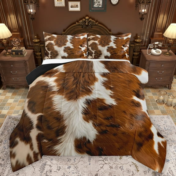 Homewish Retro Cattle Hide Bedding Comforter Set,Rustic Farmhouse Cabin Twin Comforter Sets,Beige Brown Bedding Set For Girls Boys,Ultra Soft Home Decor Reversible,2-Piece