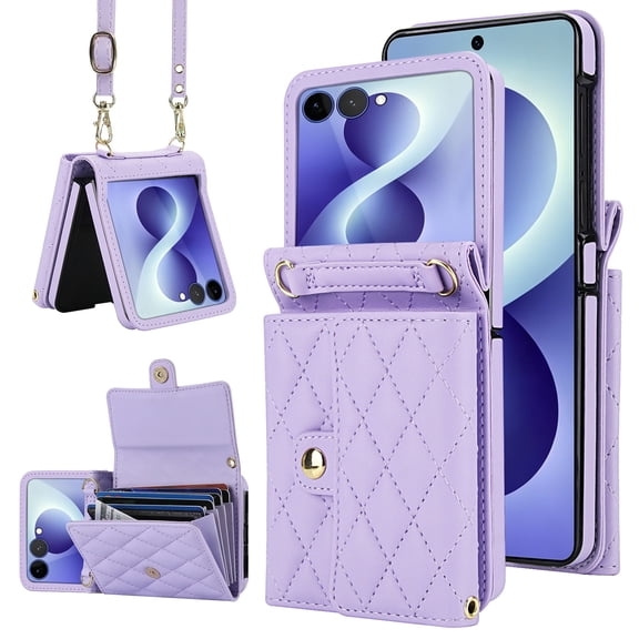 Sanwo for Samsung Galaxy Z Flip8 Case, PU Leather Wallet Flip Cover with Card Slot and Shoulder Strap, Purple