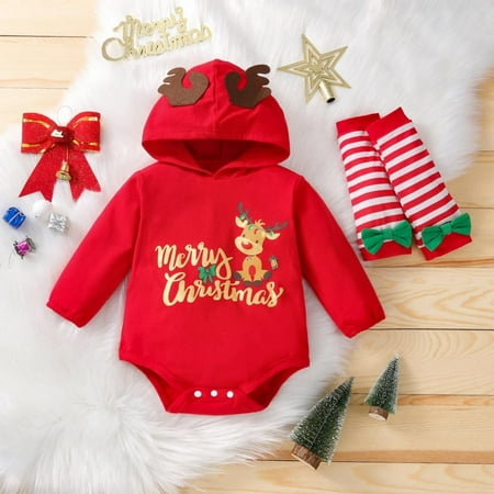 

Baby Girls Christmas Outfit Newborn 2Pcs Moose Hooded Bodysuit Legging Socks Set 6-9 Months