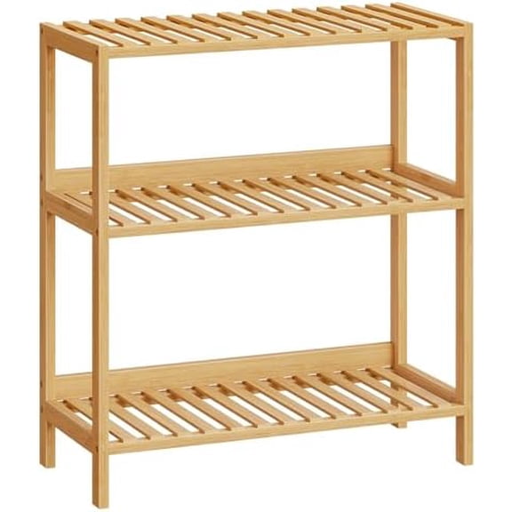 Bamboo Storage Shelf, 3-Tier Freestanding Shelving Unit, Multifunctional Storage Rack with Back Panel, 23.6 x 10.2 x 26 inches, for Bathroom, Living Room, Balcony, Kitchen, Natural YL94CJ01