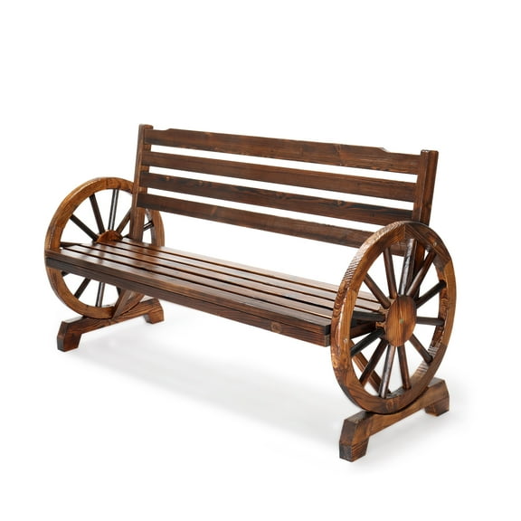 VINGLI Wooden Wagon Wheel Arms and Sturdy Seat Outdoor Bench