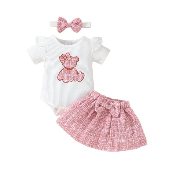MEZZALL Baby Short Sleeve Skirt Set Girls Embroidered Cute Bear Clothing Gold Silk Skirt Breathable Dailywear, Pink, 3-6 Months