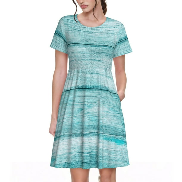 Fotbe Teal Turquoise Wood Vestido Largo de Moda para Mujer, Vestido Tipo Camiseta con Manga Corta y Estilo Casual a Rayas y Bloques de Color