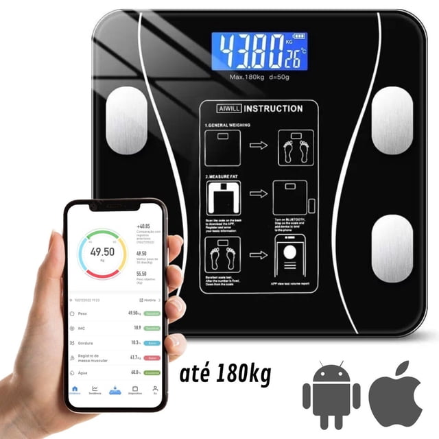 báscula corporal de bioimpedancia profesional digital bluetooth Deng Xun con plataforma cuadrada de vidrio templado negro, pantalla LCD azul superior mostrando 43.80 kg, cuatro electrodos metálicos redondos y instrucciones impresas en el centro; mano sosteniendo teléfono con la app OKOK-INTERNACIONAL que muestra peso, IMC y composición corporal; hasta 180 kg, ideal para seguimiento diario de composición corporal.