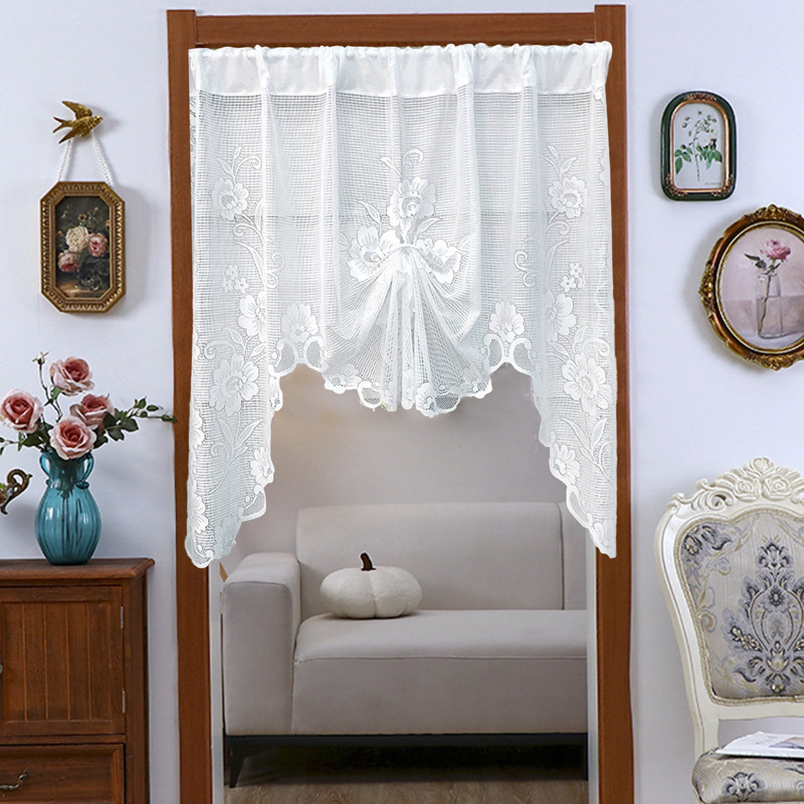 Specollect Clearance 1Pcs Valances for Windows Swag Curtains White Lace Curtain Short Floral Linen Semi Sheer Valance for Kitchen Half Window Bathroom Living Room Decoration Rod Pocket