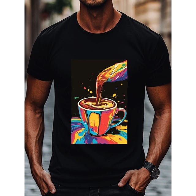 coffee Graphic Design Men' s T- Shirt, Casual Cotton Crew Neck Tee, Machine Washable, Summer Streetwear for Adults, Streetwea