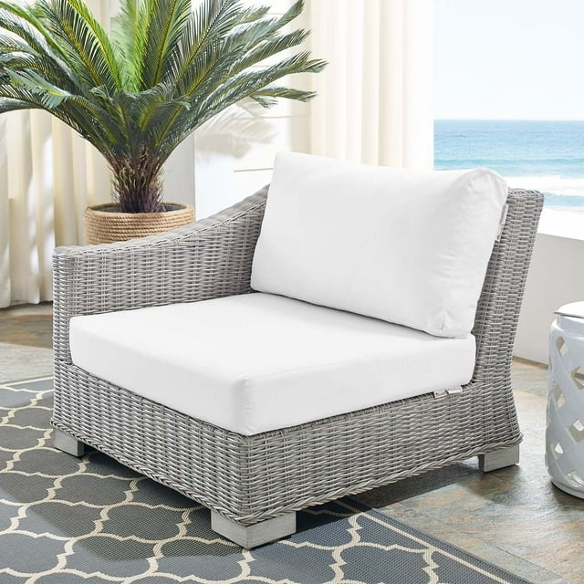 Modway Conway Modern Rattan & Fabric Outdoor Left-Arm Chair in Light Gray/White