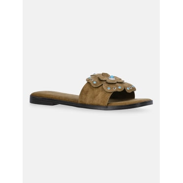 No Boundaries Studded Faux Suede Flower Slide Sandals, Women's