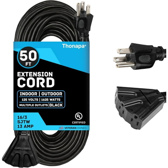SHIQI-50 Foot Outdoor Extension Cord with 3 Electrical Power Outlets - 16/3 SJTW Black Cable with 3 Prong Grounded Plug for Safety