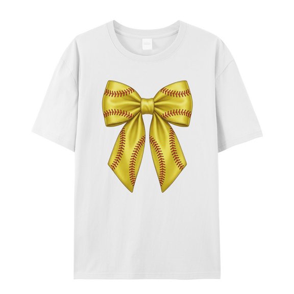 Women's Graphic T-Shirt Tops White S Yellow Baseball Bow Women's Tops Crew Neck Short Sleeve Tees