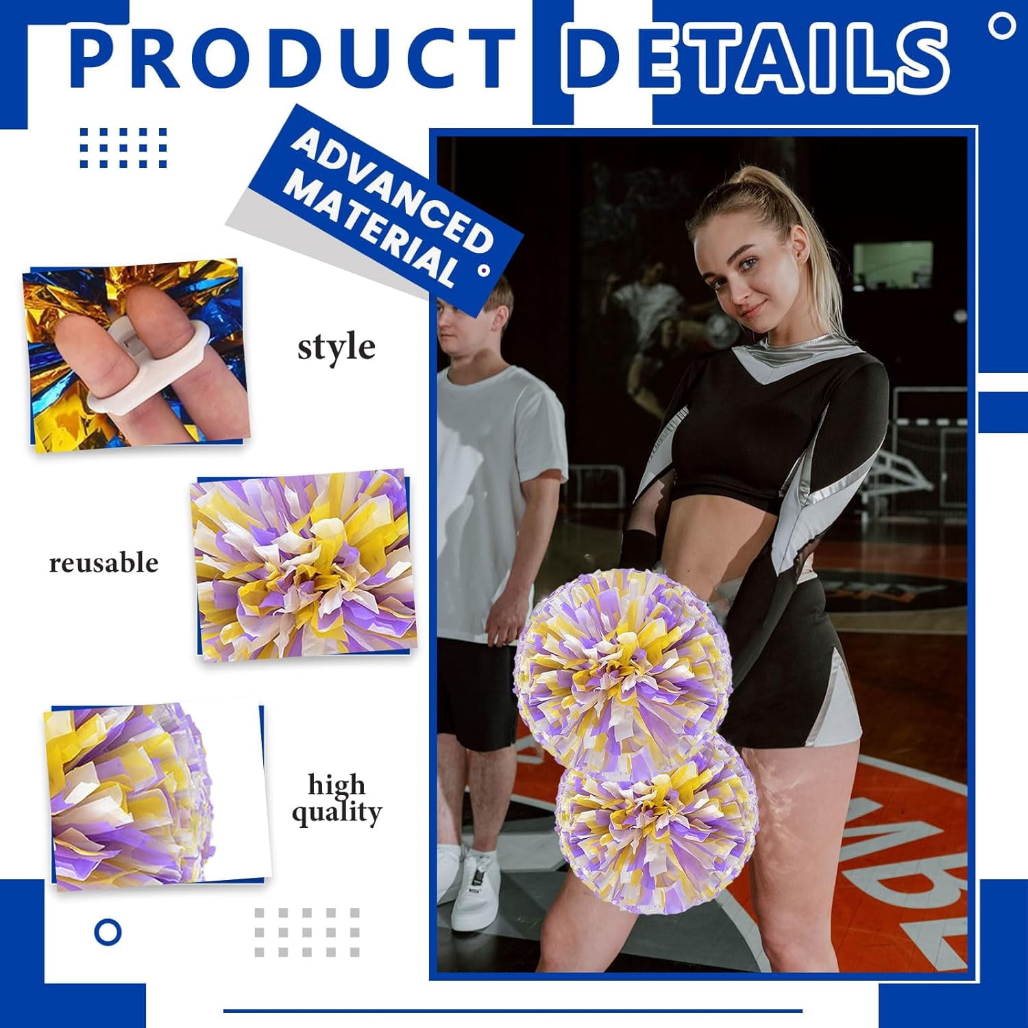 Cheerleader Pom Poms 24 Pack Sports Dance Cheering Plastic Metallic Cheerleading Pom Poms for Kids Adults-Ring Style