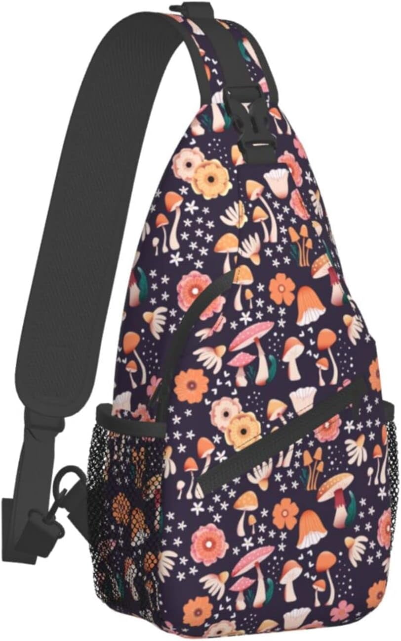 Cute Mushroom with Flower Sling Bag Crossbody Hiking Travel Chest Bags Backpack Shoulder Daypack for Women Men