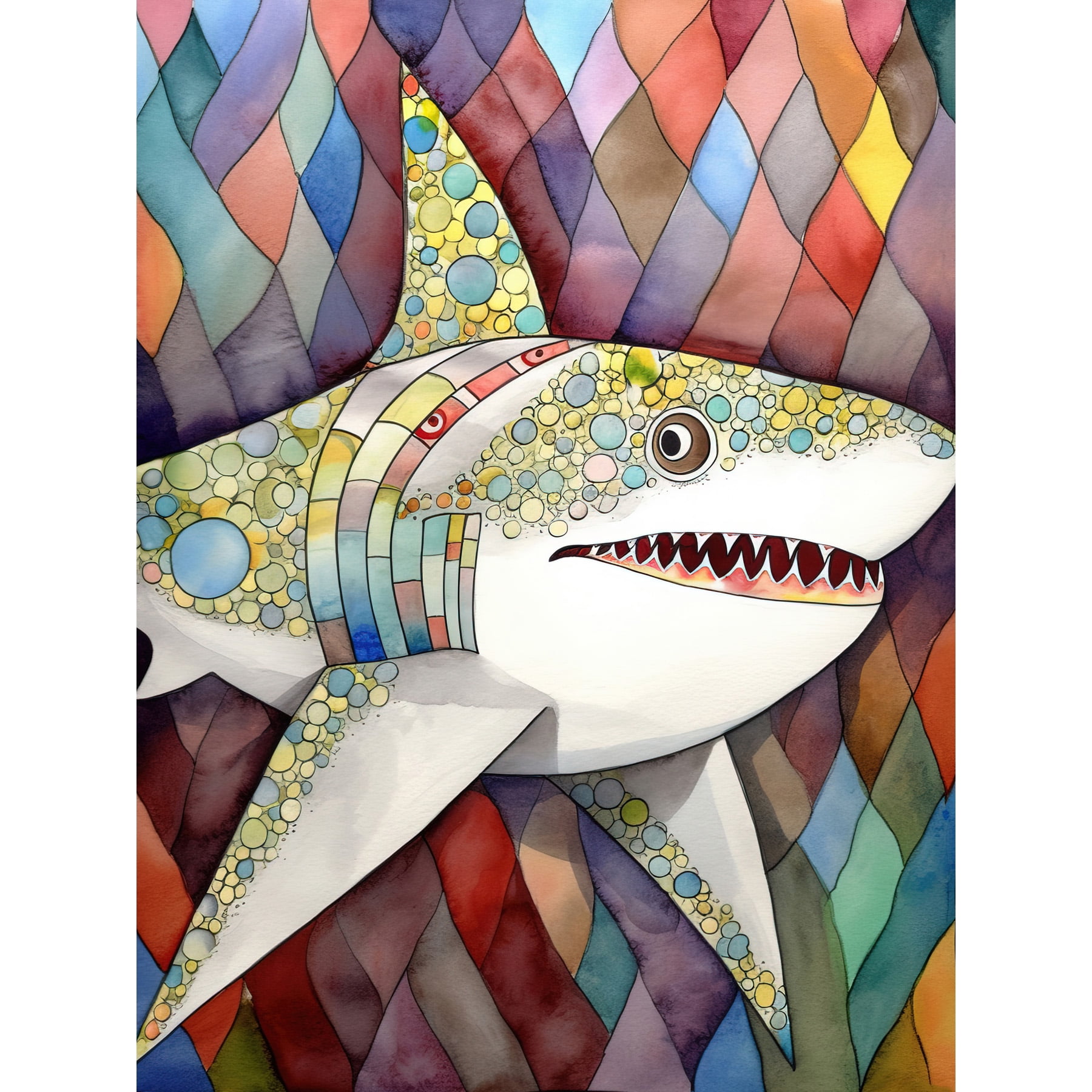 Great White Shark Folk Art Watercolour Painting Unframed Wall Art Print Poster Home Decor Premium, Size: Unframed Paper 12x16