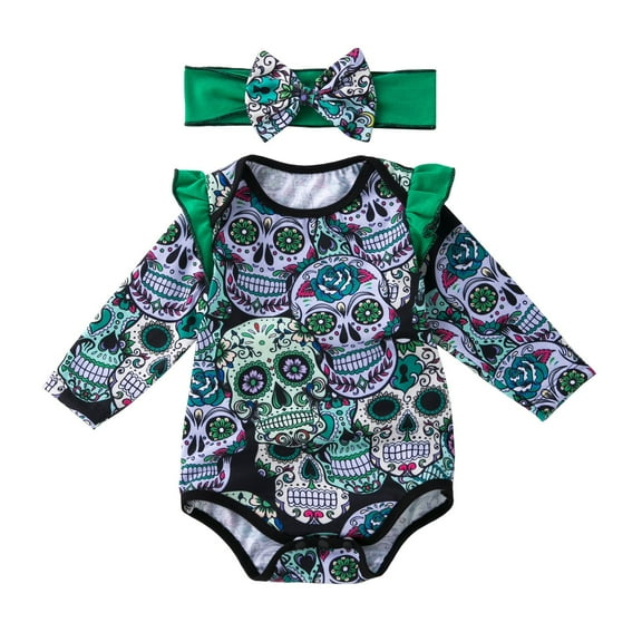 XIYON Baby Girls Halloween Skeleton Printed Long Sleeve Bodysuit With Headband Fly Sleeve Romper Outfit For Toddler Daily Wear Party Fashion