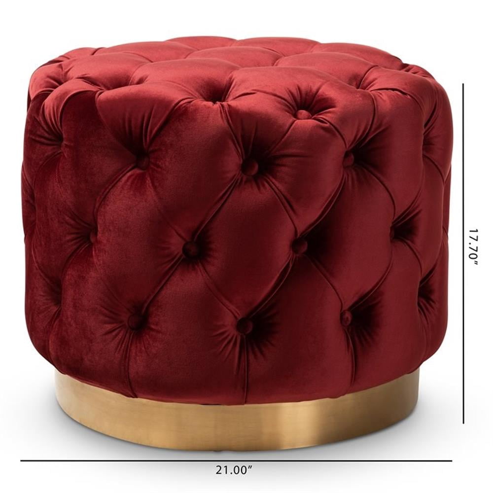 Valeria Glam Burgundy Red Velvet Fabric Upholstered Gold-Finished Button Tufted Ottoman