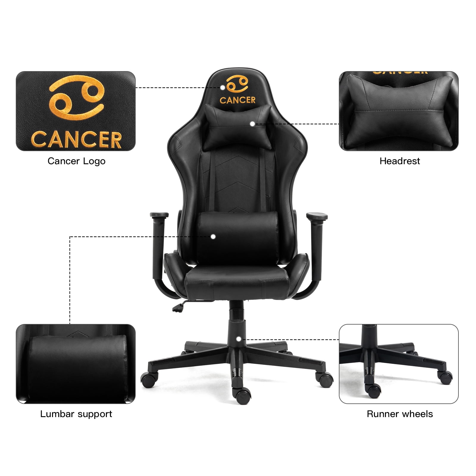 Gaming Chair with Zodiac Star Sign, Cancer Astrology Logo Ergonomic Computer Chair with Headrest Lumbar Support Recliner Height Adjustable Swivel Office Desk Chair, Constellation