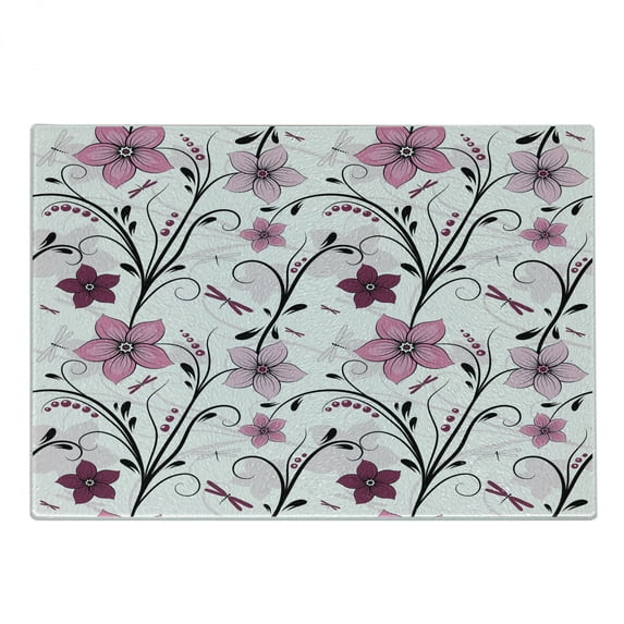 Dragonfly Cutting Board, Shabby Form Floral Swirled Leaves and Florets Illustration, Decorative Tempered Glass Cutting and Serving Board, Small Size, Pale Pink Dried Rose, by Ambesonne