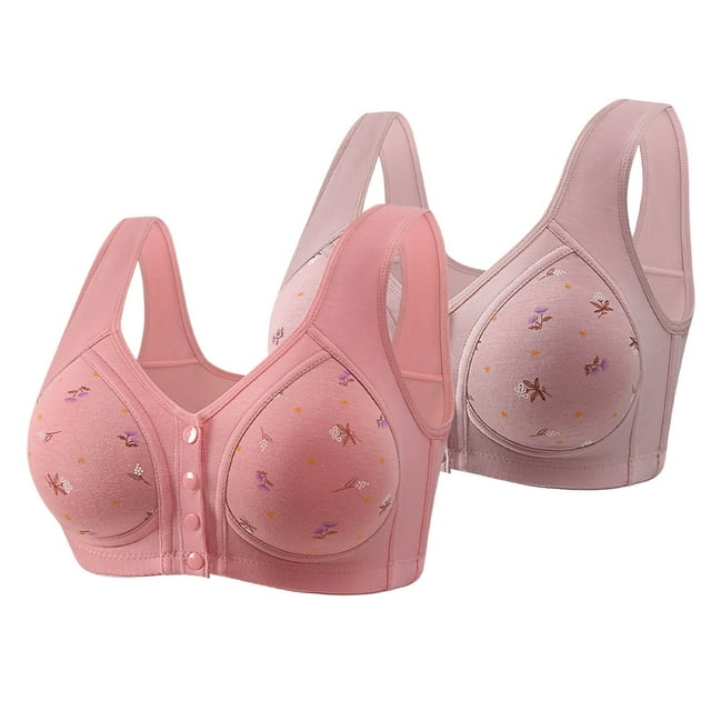 Karight 2-Pack Front Closure Daisy Bras for Women Comfort Wireless Full Coverage Button Front Everyday Bra for Seniors