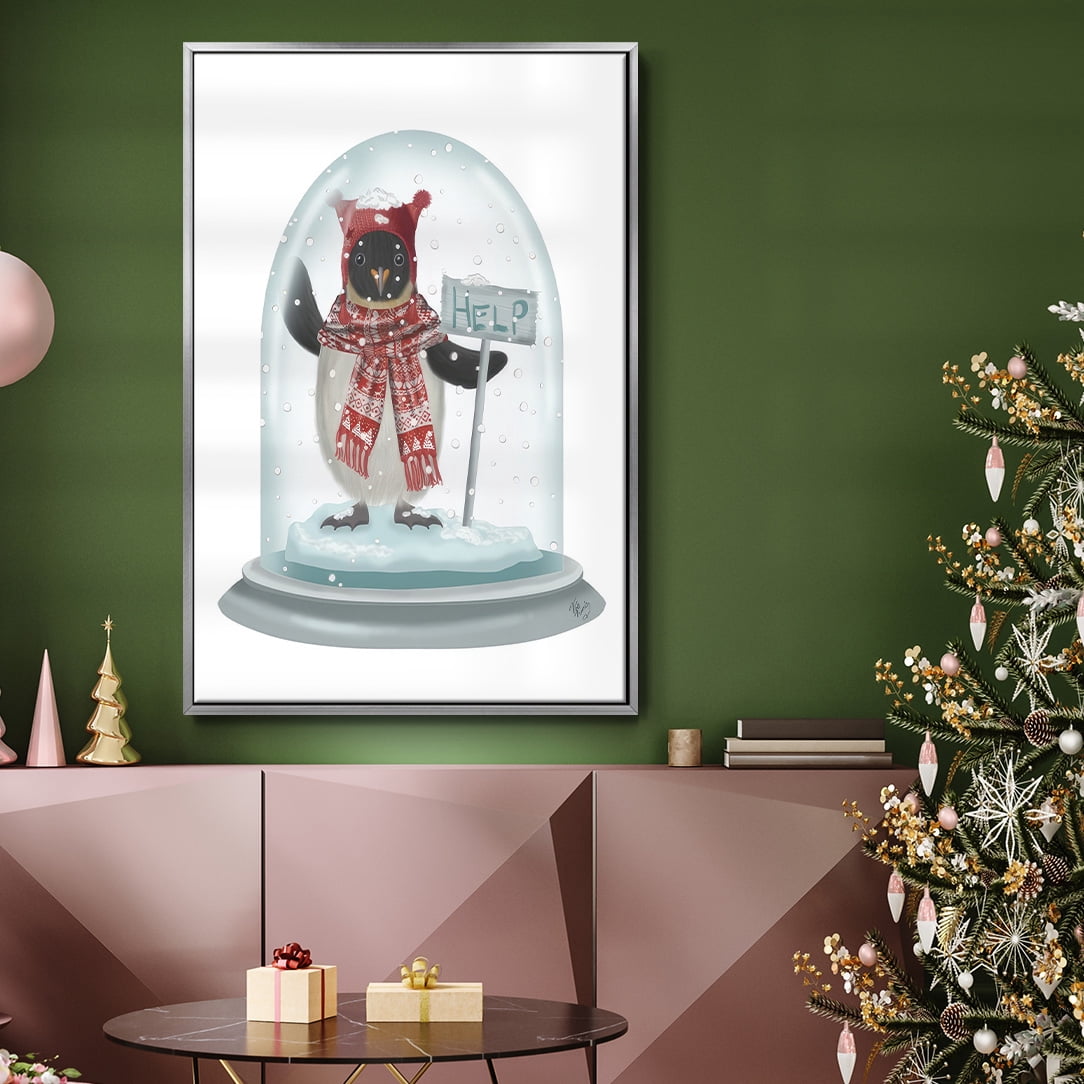 Christmas Penguin Snow Globe - Framed Gallery Wrapped Holiday Canvas - 25 x 37 - Silver Frame