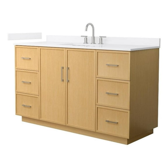 Elan TK 60" Light Oak Single Vanity White Quartz Top (3-Hole) & Nickel Trim