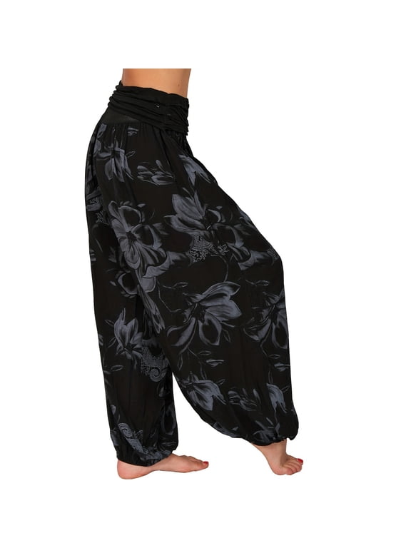Women FoldOver Waist Floral Printed Harem Pants, Boho Loose Baggy Split Ankle Casual Trousers With Relaxed Fit, Soft Breathable Flowey Bottoms