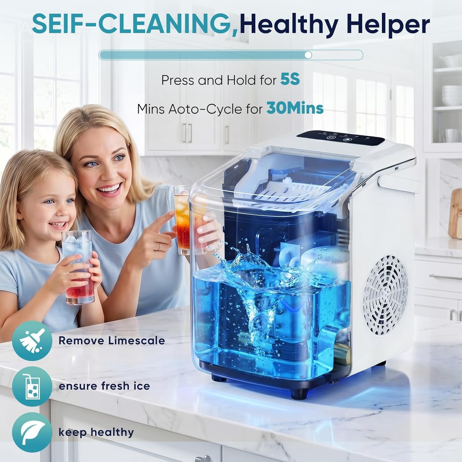 Ice Maker, Countertop Ice Machine with Handle, 9 Bullet Cubes in 6~8 Mins, 26lbs Daily, Self-Cleaning with Basket and Scoop for Home/Kitchen/Camping/RV