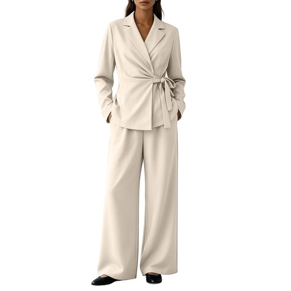 fheaev Two Piece Suits for Women Dressy Elegant Tie Waist Top High Waist Wide Leg Pants Business Office Outfit Beige,S