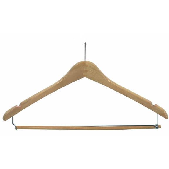 Wooden Curved Suit Hanger w/Locking Bar with Anti-Theft P-Nail Hook, Natural Finish with Chrome Hardware, Box of 50