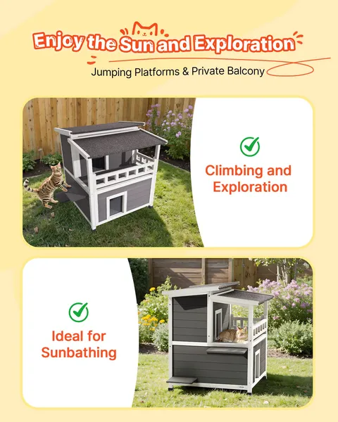 Insulated 2 Story Wooden Cat House with Foam Balcony Waterproof Indoor Outdoor Shelter for 1-3 Cats Winter 33 x 29.5 x 32 in