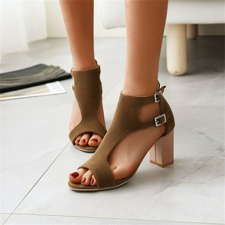 

Mishuowoti sandals for women 2023 Ladies Fashion Solid Color Suede Hollow Fish Mouth Buckle Thick High Heel Roman Sandals