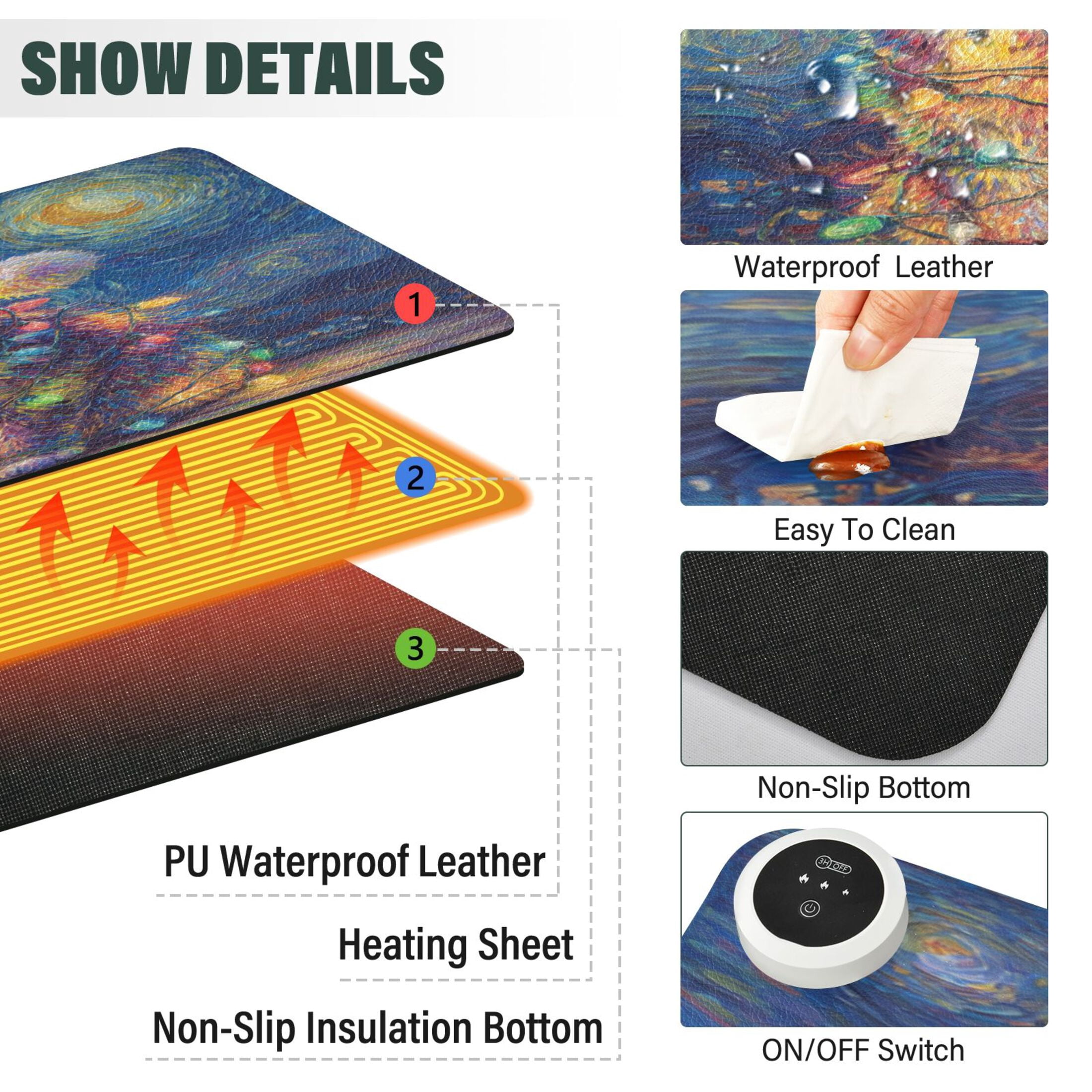 Large Heated Desk Mat Mouse Pad 31.5"x13"PU Leather Graphene Heating Desk Warmer with 3 Temperature Settings 110V US Plug Non-Slip Warm Pad for Home, Office, and Gaming A Cat with Colorful Lights