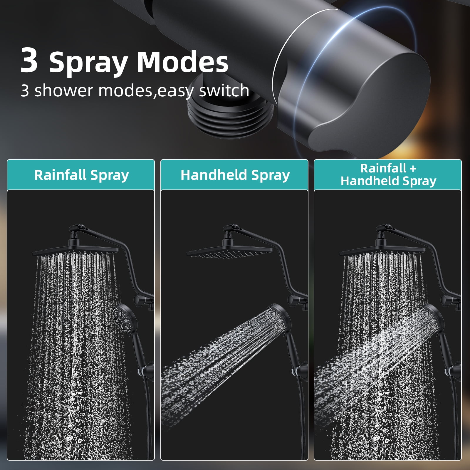 ROSYNEY 10 Inch Rain Shower Head with Handheld Spray, 7-Function Handheld Showerhead, Adjustable Metal Shower Extension Arm, Stainless Steel Hose, Matte Black