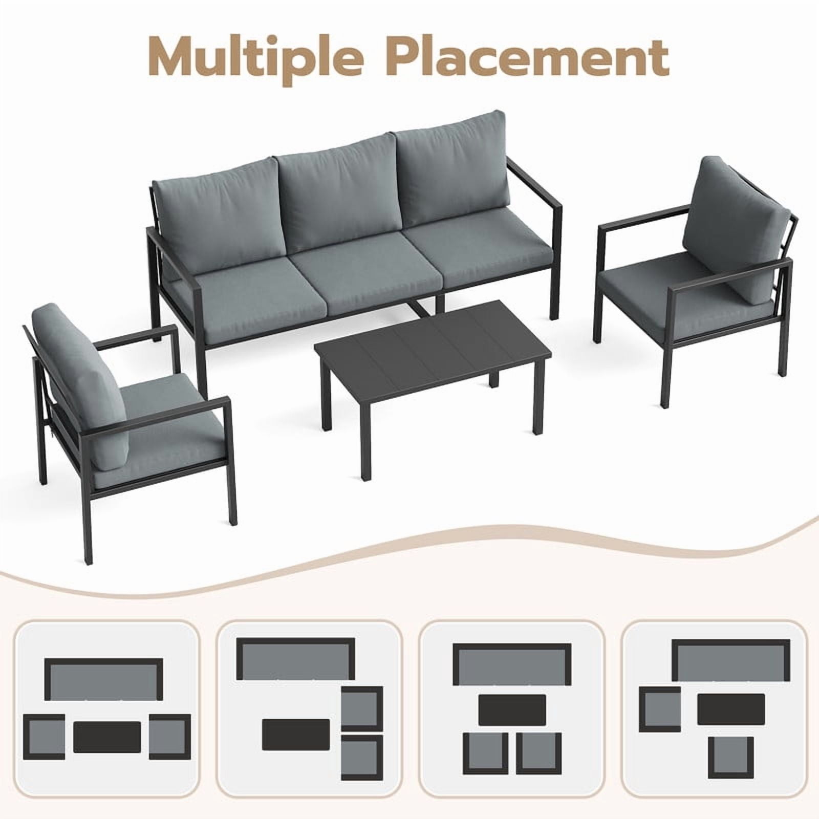 MRUAKA 4-Piece Outdoor Patio Conversation Set, Metal Frame Furniture Sofa with Armchairs & Coffee Table, Weather-Resistant Cushions for Balcony, Deck, Poolside Gray