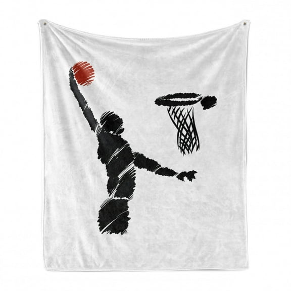 Youth Soft Flannel Fleece Blanket, Freehand Drawing Style Basketball Player Jumping Athlete Training Artwork, Cozy Plush for Indoor and Outdoor Use, 50" x 70", Cinnamon Black White, by Ambesonne
