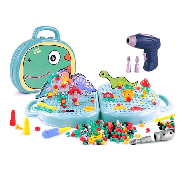Caja de Herramientas de Juguete con Taladro Eléctrico, Caja de Herramientas de Dinosaurio Verde, Caja de Herramientas de Juguete con Taladro y Tornillos para Niños Pequeños