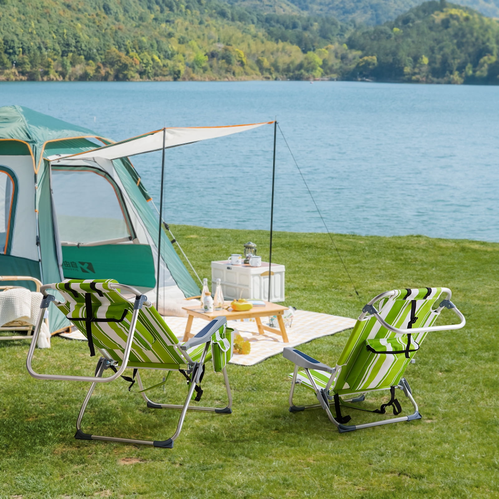 Folding Beach Chair - Lightweight Aluminum Frame, 5-Position Adjustable Back (Lay Flat), Storage Pouches & Cup Holder, for Outdoor Activities, Camping, Picnics, Green Stripes