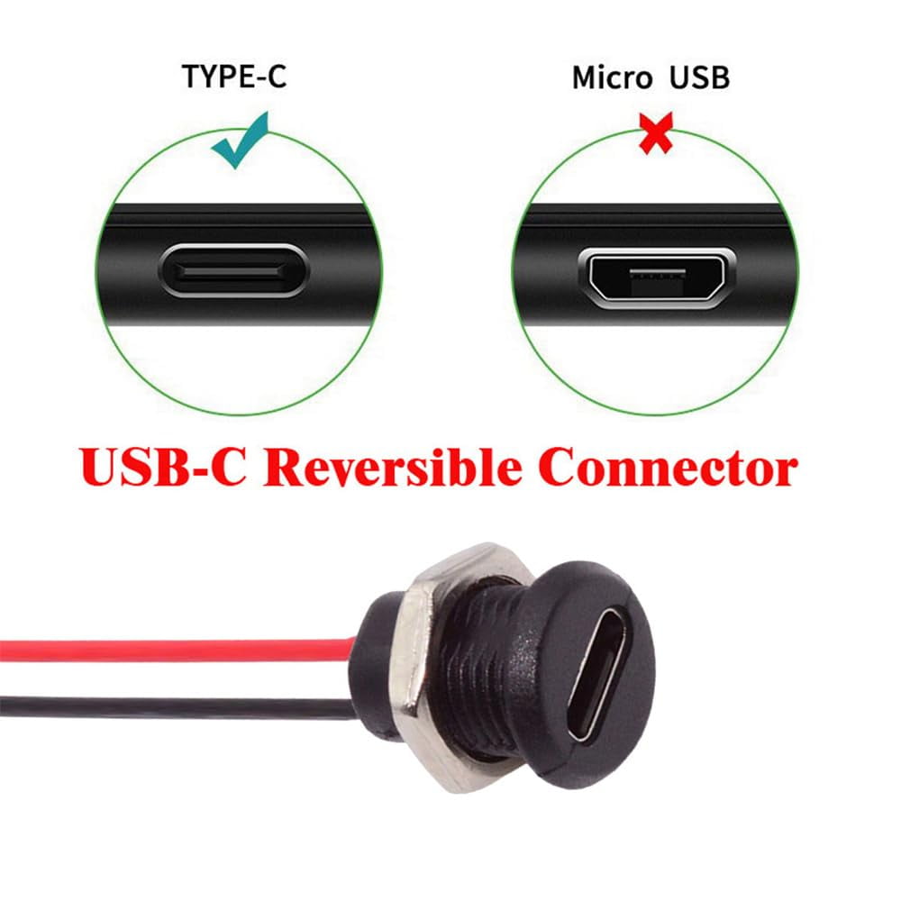 JJEAN-5pcs DIY OEM Type C Female Socket to 2Pin Header Wire Extension DC 5V Power Cord Pitch=2.0mm Panel Mount USB C Waterproof Jack 17.5cm